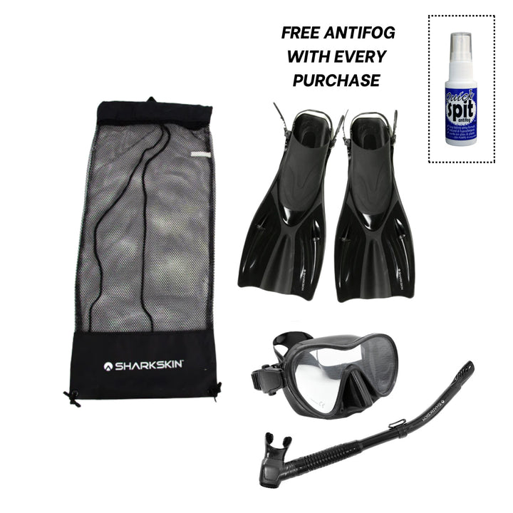 SHARKSKIN ADULT MASK, COMFORT SNORKEL & FIN SET WITH MESH BAG & ANTIFOG