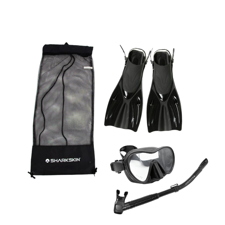 SHARKSKIN ADULT MASK, COMFORT SNORKEL & FIN SET WITH MESH BAG