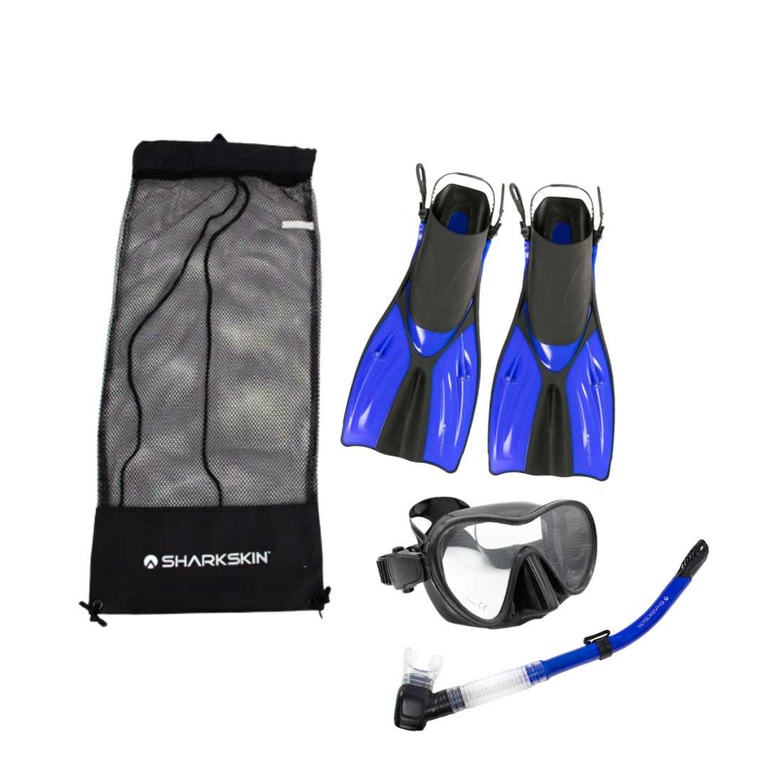 SHARKSKIN ADULT MASK, COMFORT SNORKEL & FIN SET WITH MESH BAG