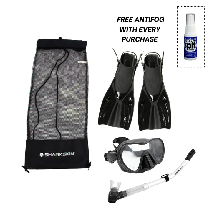 SHARKSKIN ADULT MASK, COMFORT SNORKEL & FIN SET WITH MESH BAG & ANTIFOG