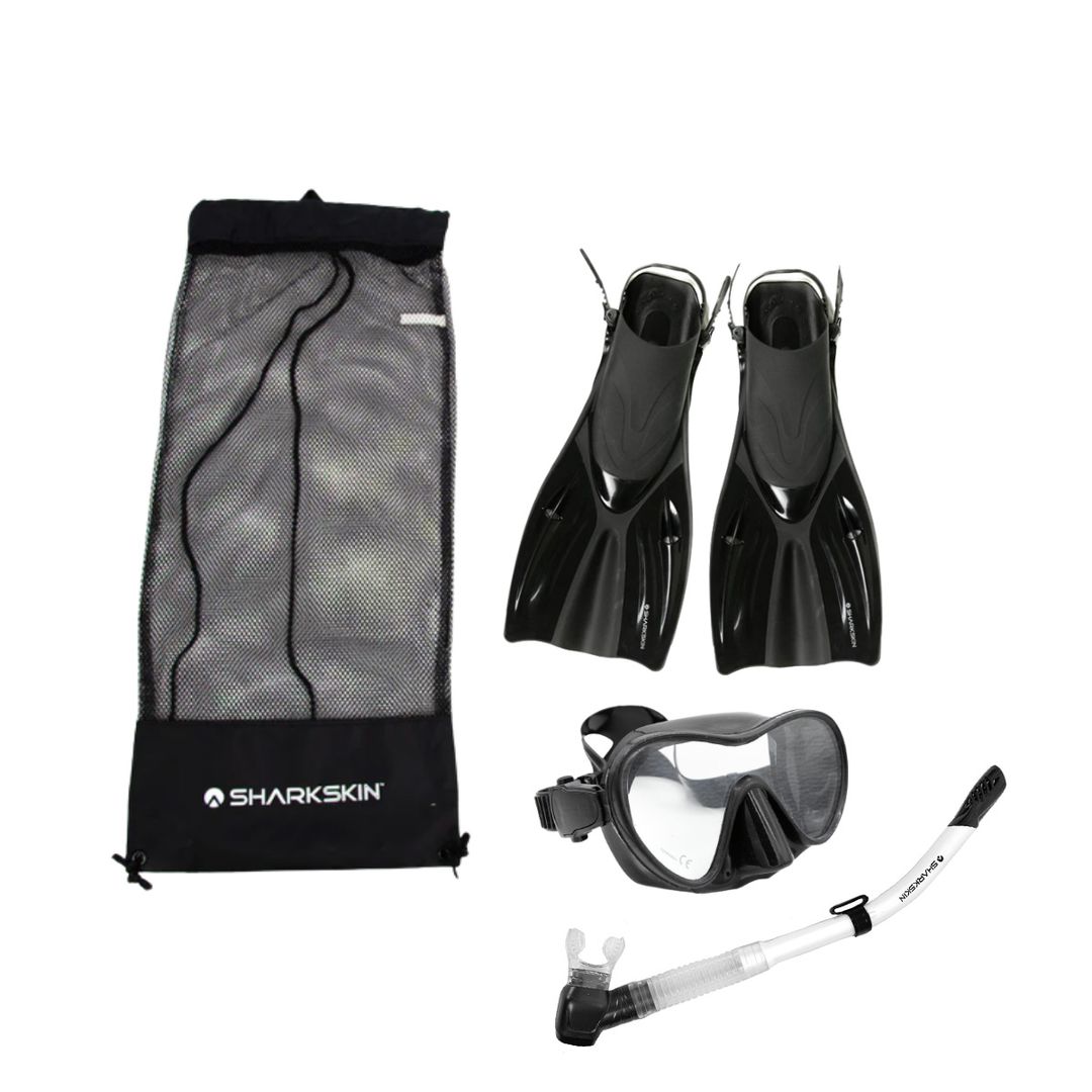 SHARKSKIN ADULT MASK, COMFORT SNORKEL & FIN SET WITH MESH BAG
