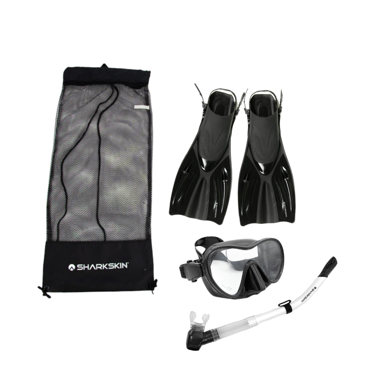 SHARKSKIN ADULT MASK, COMFORT SNORKEL & FIN SET WITH MESH BAG
