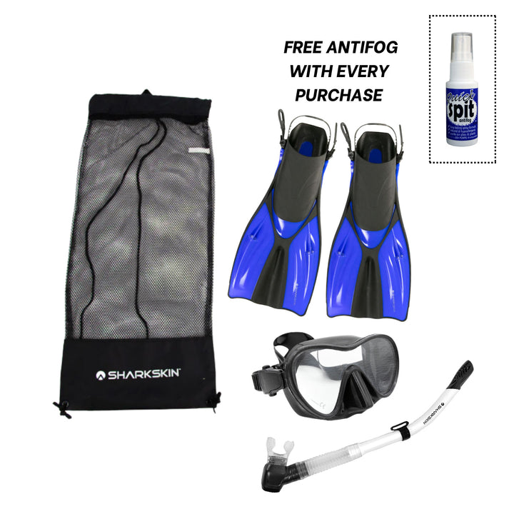 SHARKSKIN ADULT MASK, COMFORT SNORKEL & FIN SET WITH MESH BAG & ANTIFOG