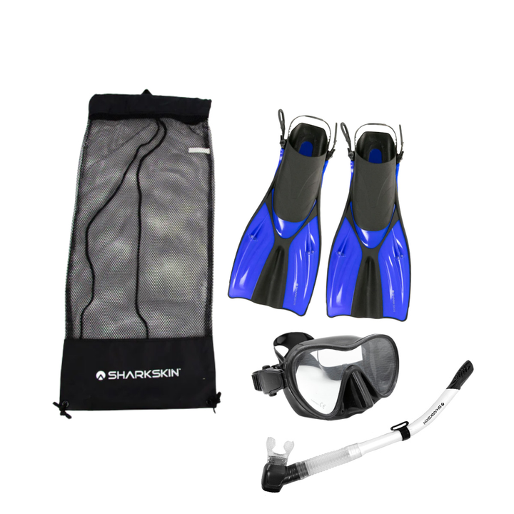 SHARKSKIN ADULT MASK, COMFORT SNORKEL & FIN SET WITH MESH BAG