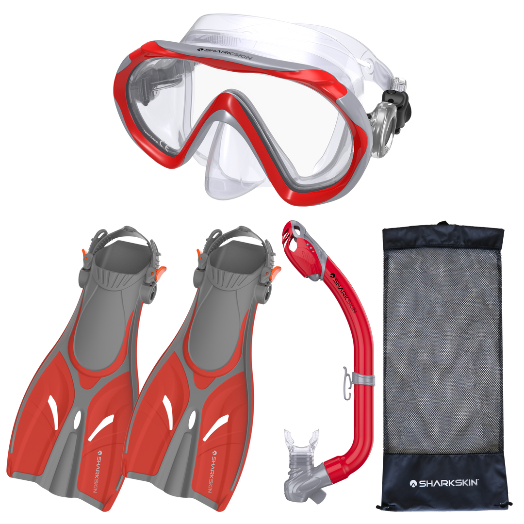 SHARKSKIN JUNIOR MASK, DRY SNORKEL FIN SET WITH MESH BAG