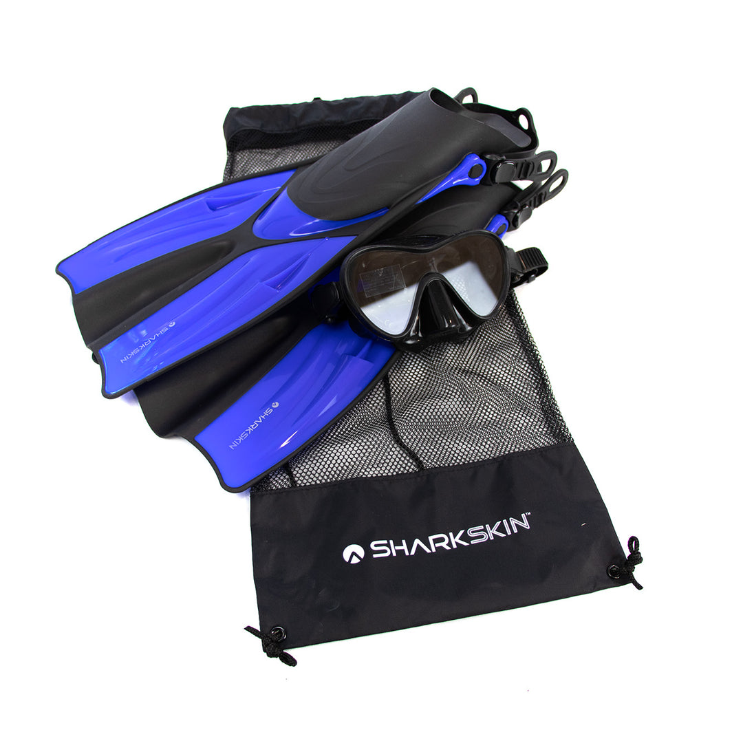 SHARKSKIN ADULT MASK, COMFORT SNORKEL & FIN SET WITH MESH BAG & ANTIFOG