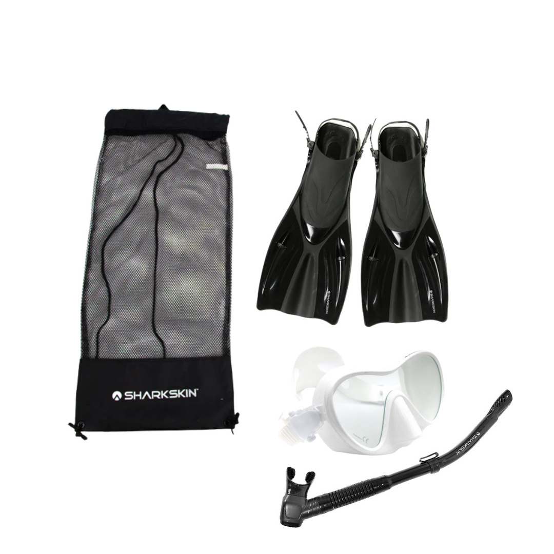 SHARKSKIN ADULT MASK, COMFORT SNORKEL & FIN SET WITH MESH BAG