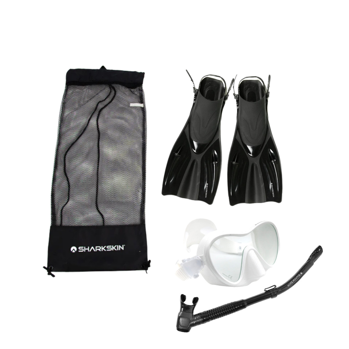 SHARKSKIN ADULT MASK, COMFORT SNORKEL & FIN SET WITH MESH BAG