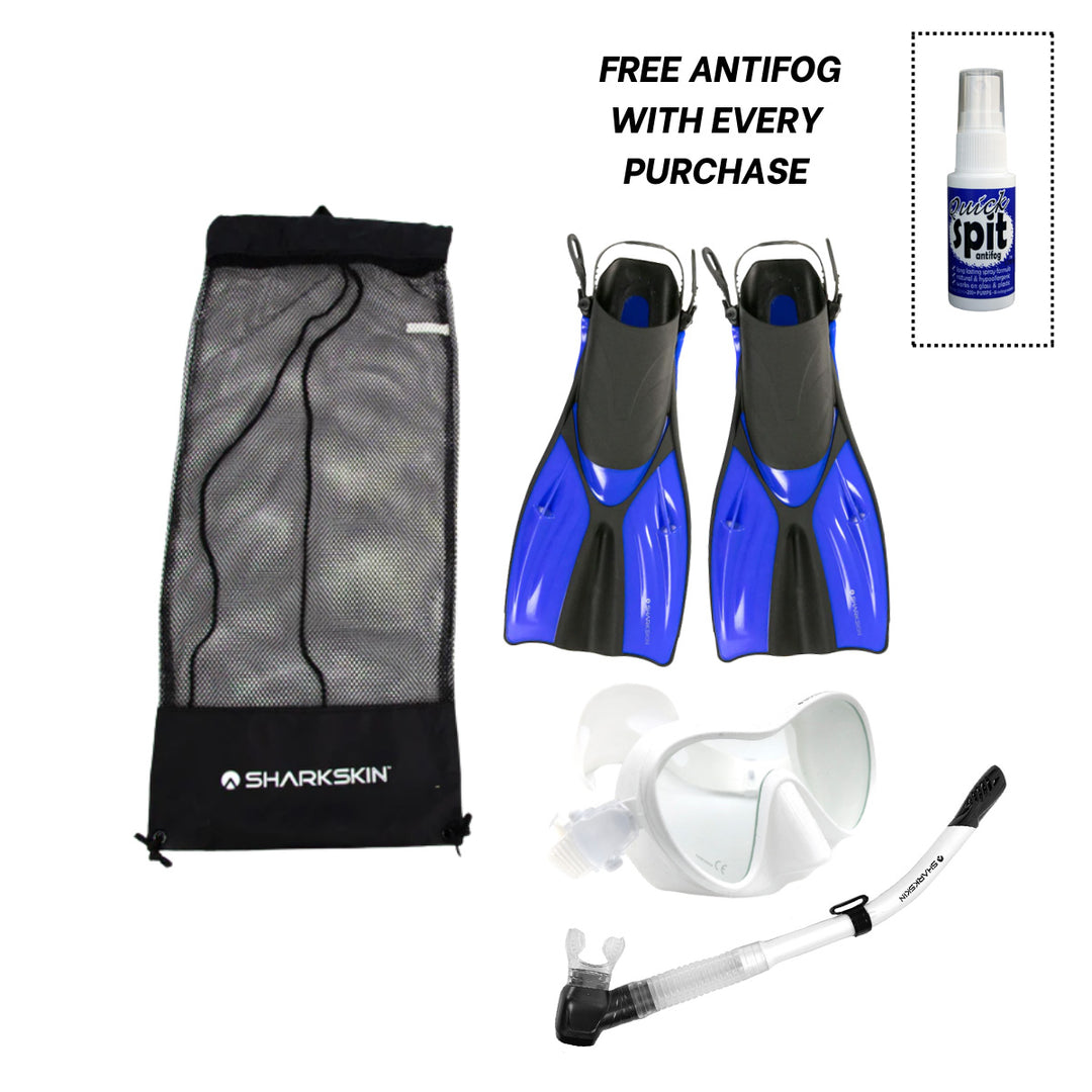 SHARKSKIN ADULT MASK, COMFORT SNORKEL & FIN SET WITH MESH BAG & ANTIFOG