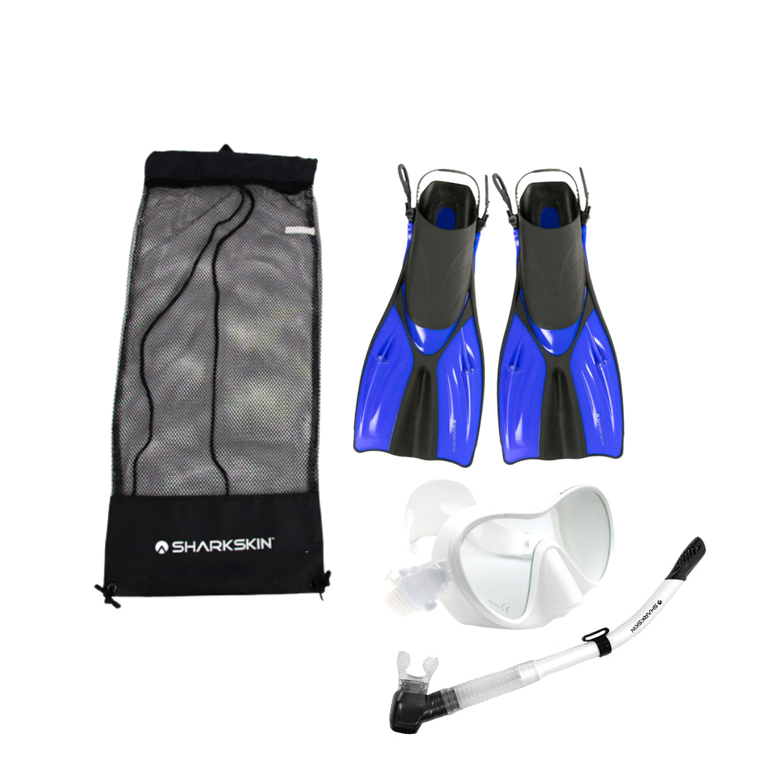 SHARKSKIN ADULT MASK, COMFORT SNORKEL & FIN SET WITH MESH BAG