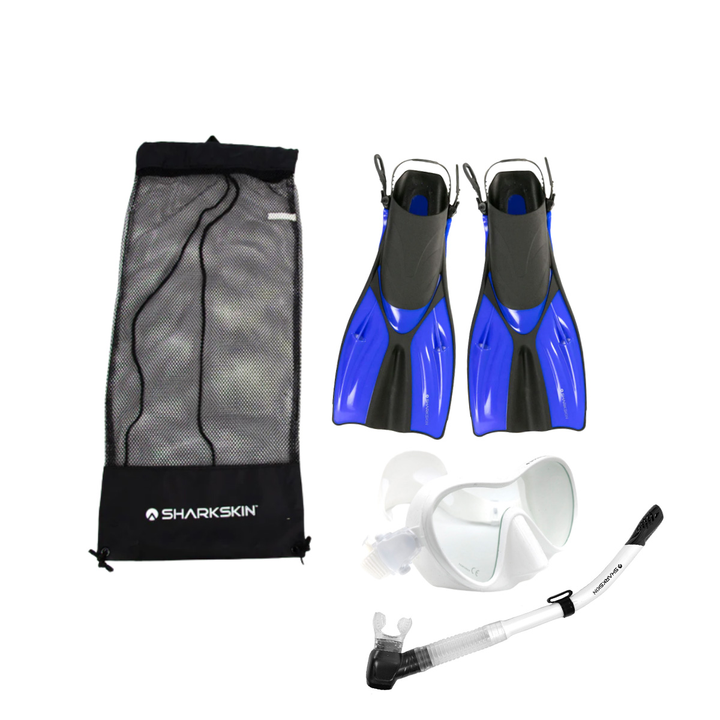 SHARKSKIN ADULT MASK, COMFORT SNORKEL & FIN SET WITH MESH BAG