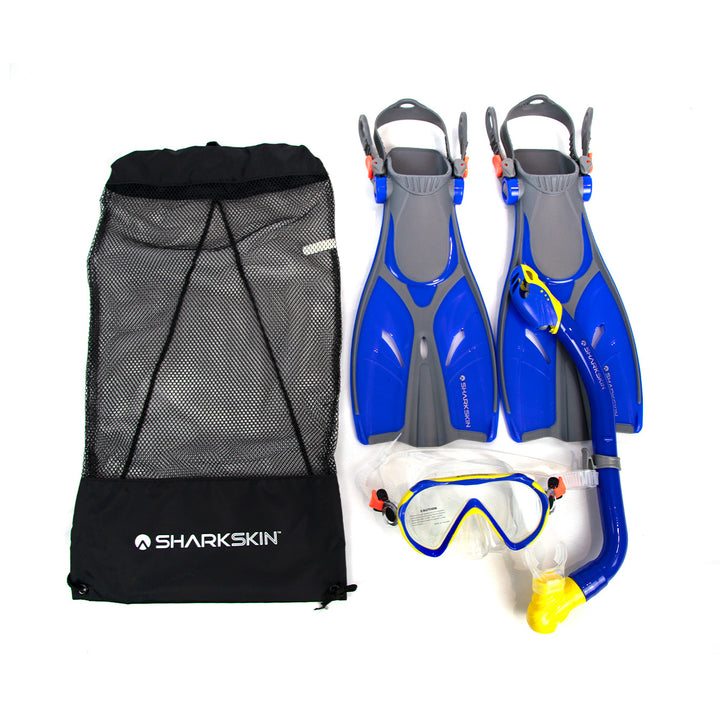 SHARKSKIN JUNIOR MASK, DRY SNORKEL FIN SET WITH MESH BAG + FREE ANTI-FOG